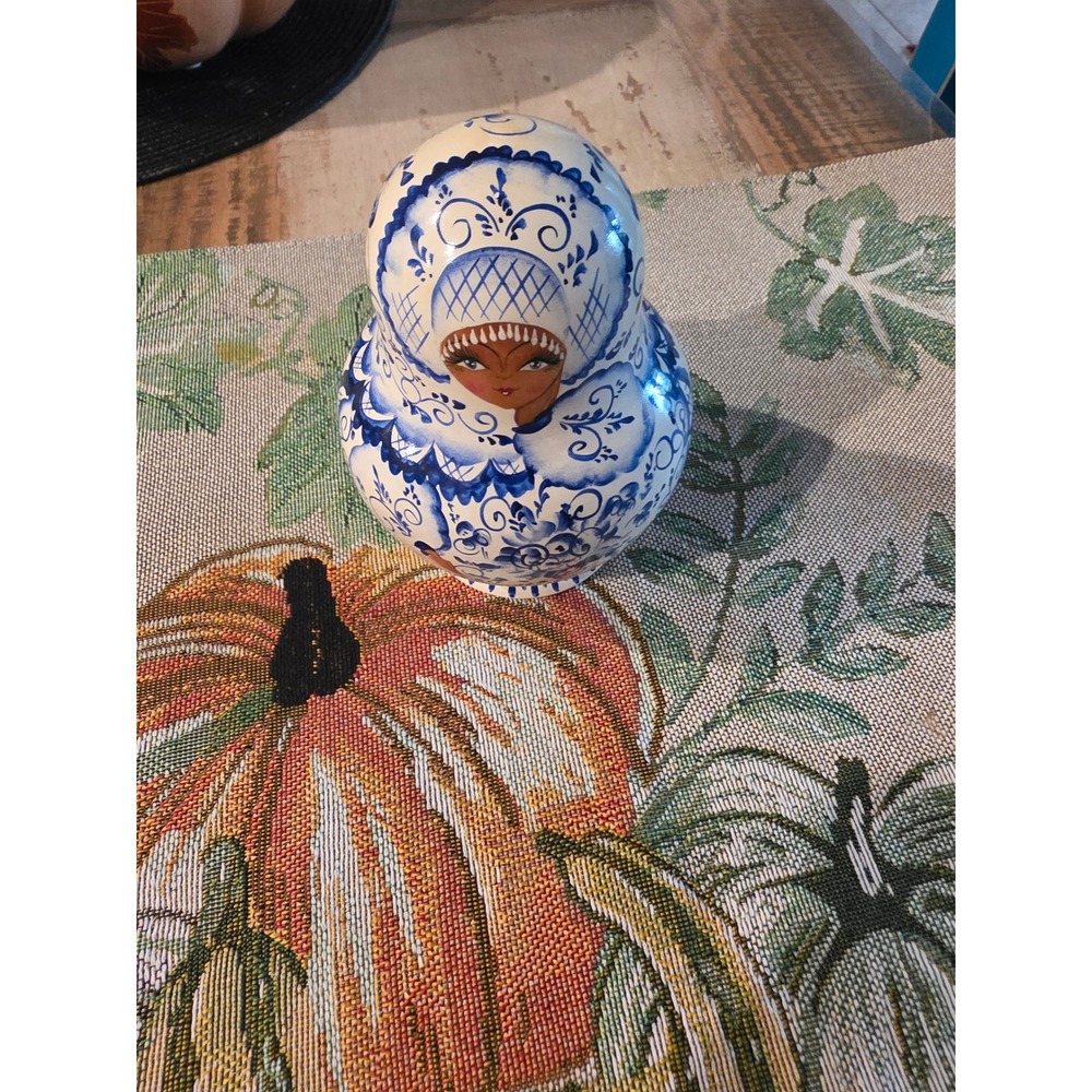 Vintage Russian Nesting Dolls 10 Piece Set Blue White Gzhel Style Matryoshka